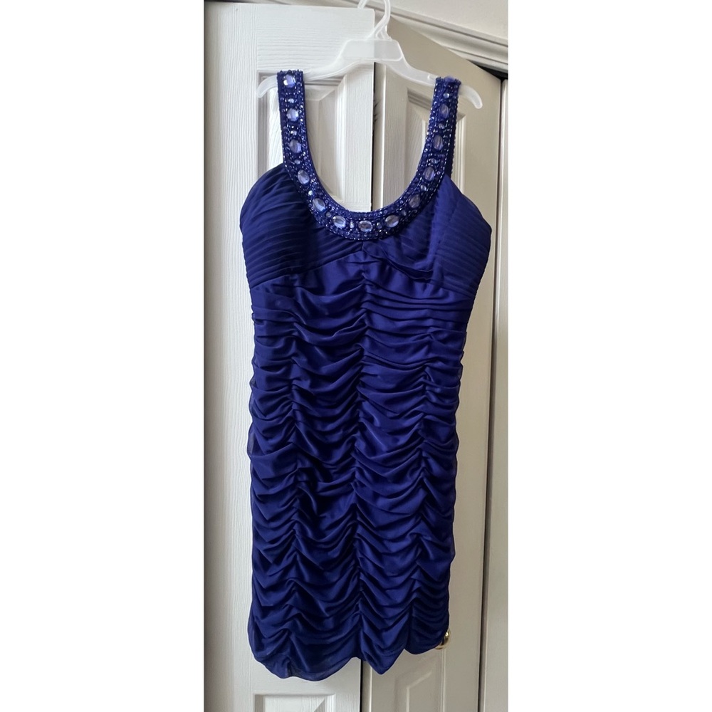 Scarlette Nite Ruched Blue Beaded Dress- NWOT